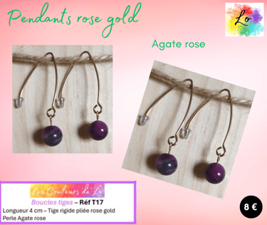 Boucles pendants rose gold tige pliée Agate rose Les Couleurs de Lo
