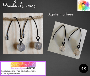 Boucles pendants noirs tige rigide Agate marbrée Les Couleurs de Lo