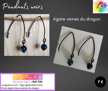Boucles pendants noirs tige rigide Agate veines du dragon Les Couleurs de Lo
