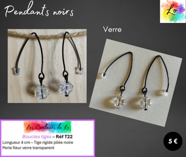 Boucles pendants noirs tige rigide fleur verre transparent Les Couleurs de Lo