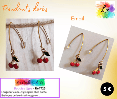 Boucles pendants tige pliée dorée cerise émail Les Couleurs de Lo