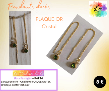 Boucles pendants chaînette Plaqué or strass cristal vert clair Les Couleurs de Lo