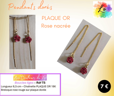 Boucles pendants chaînette Plaqué or rose rouge nacrée Les Couleurs de Lo