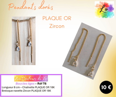 Boucles pendants chaînette Plaqué or Zircon transparent Les Couleurs de Lo