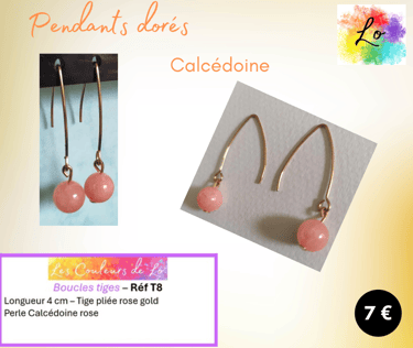 Boucles pendants dorés tige pliée rigide Calcédoine rose Les Couleurs de Lo
