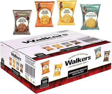 Walkers Assorted Biscuit Mini Packs box featuring chocolate, salted caramel, ginger, and oat cookies.