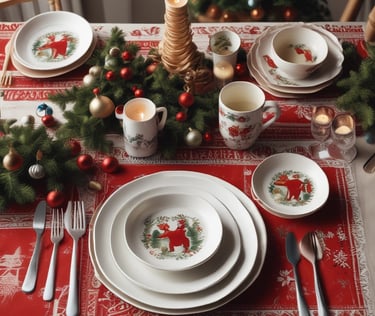 uma mesa com toalha de natal e pratos postos