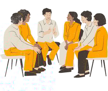 eine Zeichnung von diversen Menschen, die in einem Stuhlkreis sitzen