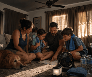 A family of four and their dog look at a map during a power outage with emergency supplies and a fan.