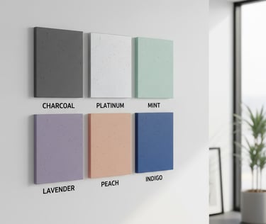 Six textured acoustic wall panels in charcoal, platinum, mint, lavender, peach, and indigo colors.