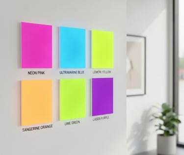 Six vibrant neon acrylic wall panels in pink, blue, yellow, orange, green, and purple displayed in a modern room.