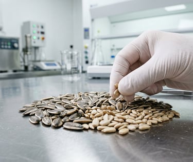 A gloved hand inspecting sunflower seeds in a food science laboratory for quality control testing.
