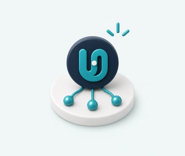 3D Unitlogi logo on a foundation with connected points and a small spark representing the product’s starting point.