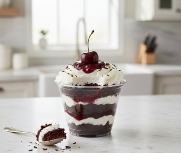 Postre Selva Negra de Cocina con Ely, preparado con torta húmeda de chocolate, crema batida y mermel