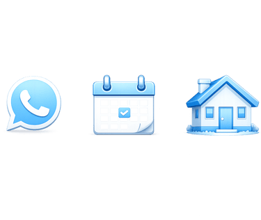 Light blue glossy icons for phone chat, calendar schedule, and house homepage on a black background.