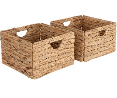 Pair of square woven water hyacinth storage baskets with built-in handles.