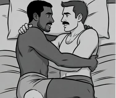 2 males in bed with arms across each other