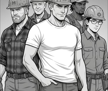 A black and white comic-style illustration of five male construction workers in hard hats and workwear.