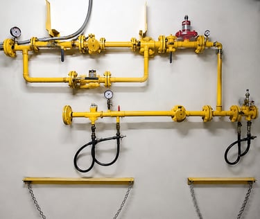 Commercial kitchen gas station system with pressure regulators, safety valves, and gas pipeline inst