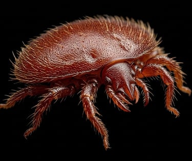 Extreme macro of a brown Varroa destructor mite, a common honey bee parasite, against a black background.