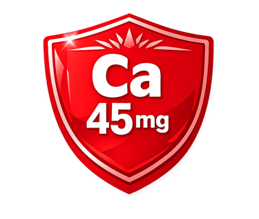 A red glossy shield icon displaying 45mg of Calcium (Ca) for health supplement branding.