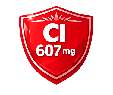 Red shield icon displaying Cl 607mg indicating chlorine supplement dosage for health protection.