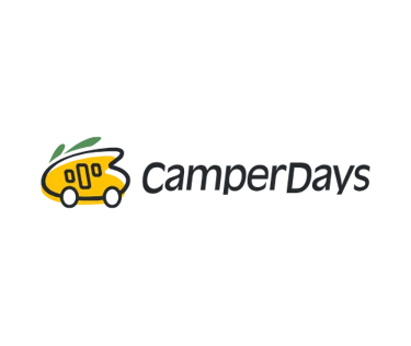 CamperDays logo featuring a yellow camper van icon on a black background for RV rentals.