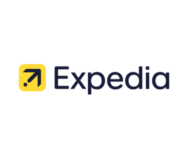 Expedia travel logo featuring a yellow airplane icon next to dark blue text on a black background.