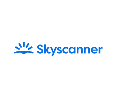Blue Skyscanner logo with sunburst icon on a black background for travel and flight bookings.