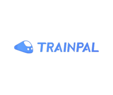 TrainPal logo featuring a blue high-speed train icon and sans-serif typography on a black background.