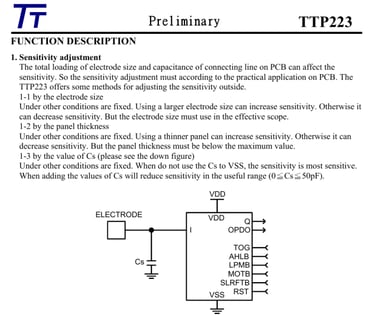 Parte Manual TTP223 referente a FUNCTION DESCRIPTION - Sensitivity adjustment