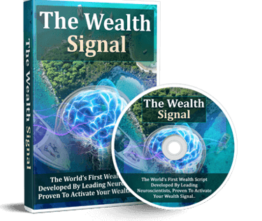 The Wealth Signal digital product box and DVD featuring a neural brain scan and tropical ocean background.