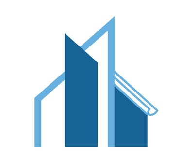 Minimalist blue architectural logo featuring geometric building silhouettes and a blueprint roll.