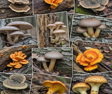 a bunch of mushrooms growing on a tree branch