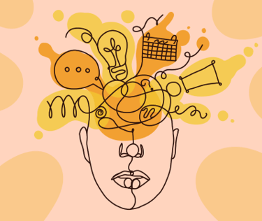 Illustration of person with their head full of different thoughts and ideas