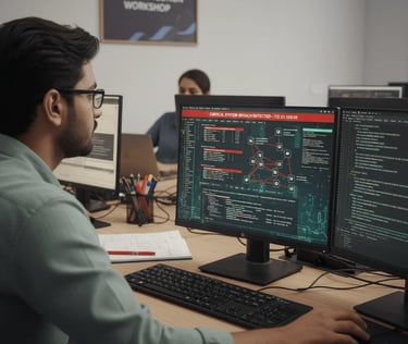 Student practicing Java programming on dual monitors in a lab environment.