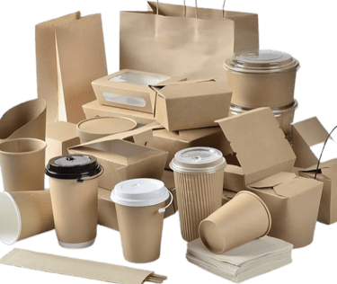 a bunch of paper bags with paper cups and bowls