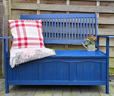 Outdoor bench painted in a denim blue colour by Julia from Absolutely Mintage