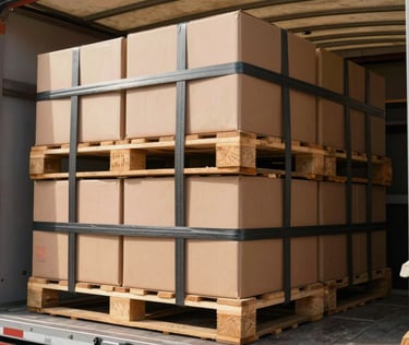 Close-up of neatly stacked cardboard packaging pallets loaded inside a clean, dry canopy lorry bed, secure industrial cargo straps tightly fastened, natural daylight.
