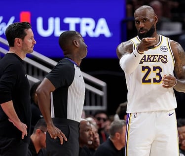 JJ Redick, Referee James Williams, and LeBron James during Game 4 of the Lakers-Rockets Round 1 Series