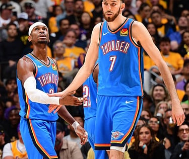 SGA and Chet Holmgren of the OKC Thunder during a playoff game against the Los Angeles Lakers (May 11, 2026)