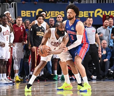 Cade Cunningham guarding James Harden during game 5 of the Pistons-Cavaliers playoff match-up (May 13, 2026)