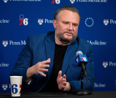 Daryl Morey during a press conference for the 76ers
