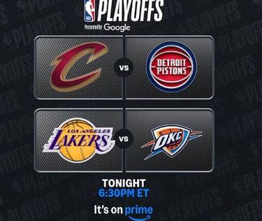 Amazon Prime doubleheader including the Cavaliers at Pistons, followed by the Lakers at Thunder (May 7, 2026)