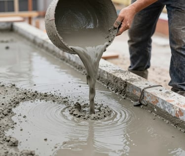 Construction tools and materials neatly stacked at a building site.