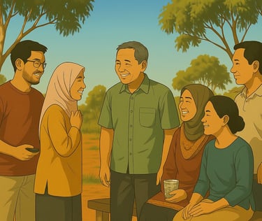 Malay adults greeting politely in Robinvale, respectful nods and smiles, gum trees, ochre soil, calm morning light.