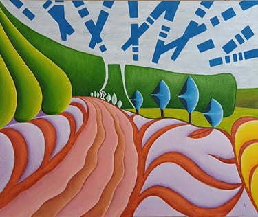 Stegasaur Smells The Gorse — Scottish landscape with blue trees and abstract sky, by Zanda