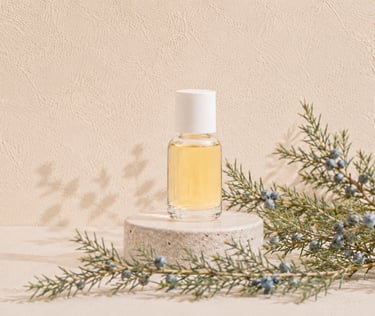 Juniper berries and evergreen branches beside juniper berry essential oil