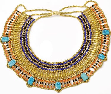 Colorful Egyptian Revival Necklace. Scarab Beads. Gold Tone