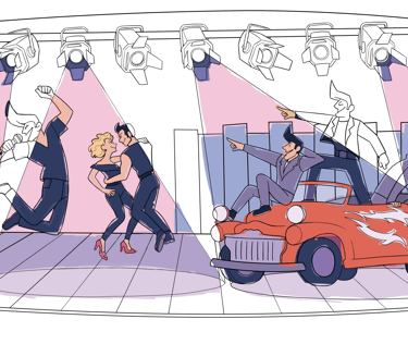 a cartoon style illustration of a man and woman dancing on a stage